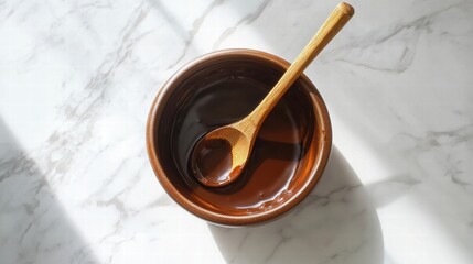 Aufkleber - Bowl with caramel sauce and wooden spoon on marble countertop in bright light. Generative AI