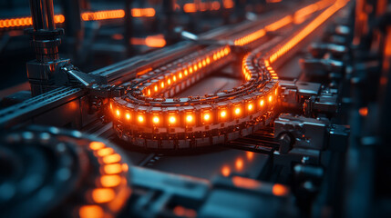 Aufkleber - futuristic conveyor system with glowing orange lights and metallic components