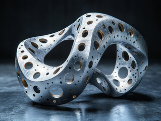 Poster - photorealistic steel structure with intricate holes and curves, showcasing modern design