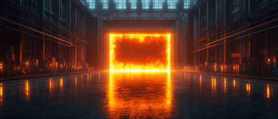 Poster - stunning electric arc furnace glowing with vibrant orange light in factory
