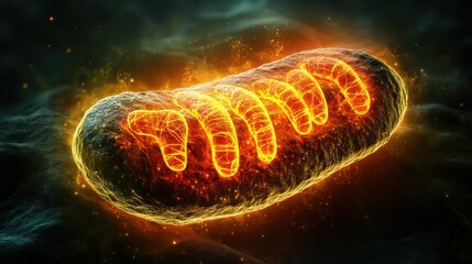 Aufkleber - Glowing Abstract Illustration of Mitochondria with Luminous Energy Waves and Sparkling Effects in Cosmic Space