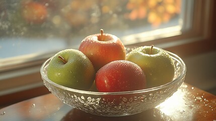 Sticker - Apples in glass bowl, autumn window, sunlight