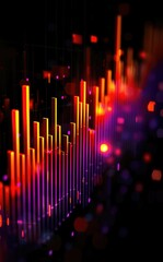 Poster - Abstract glowing bar graph data visualization with vibrant orange and purple colors ideal for technology business finance or music backgrounds