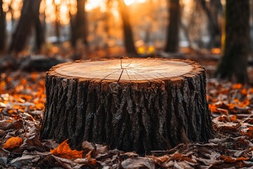 Poster - Autumn sunset, forest tree stump display