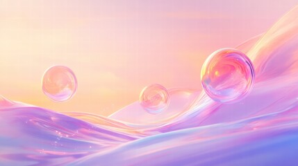 Fototapete - Bubbles floating above pastel waves under a soft and dreamy sunset sky. Generative AI