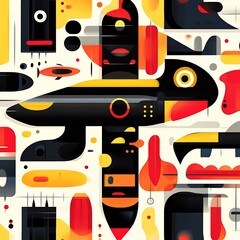 Poster - Abstract art design with geometric shapes, vibrant colors, and a flying object, suitable for posters or website backgrounds