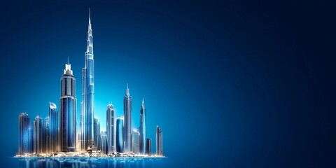 Wall Mural - A stunning skyline featuring modern skyscrapers against a deep blue background, highlighting architectural brilliance.