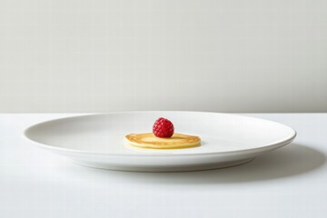 Poster - Delicate pancake topped with fresh raspberry on a minimalist white plate in a bright setting. Generative AI