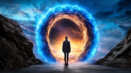 Wall Mural - A person stands before a glowing portal surrounded by rocky terrain, merging cosmic colors with a mystical atmosphere.
