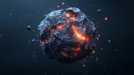 Wall Mural - A glowing, rocky asteroid floating in space, surrounded by smaller debris, with molten cracks revealing fiery elements.