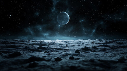 Wall Mural - a dark, celestial landscape featuring a distant moon and a textured surface under a starry sky.