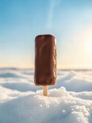 Aufkleber - Chocolate ice cream bar resting on snow under bright sky at sunset near mountains. Generative AI