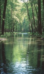 Poster - Calm river flows through lush green forest