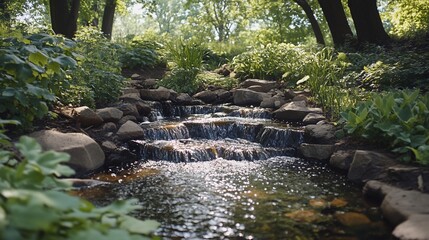 Poster - Cascading stream in park, sunlight on water