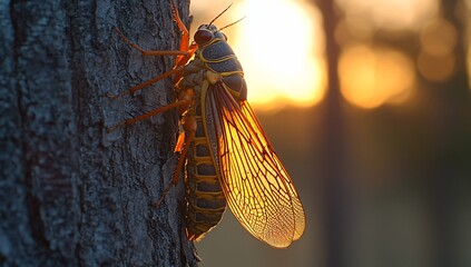 Poster - Cicada sunset tree bark close-up nature (1)