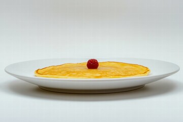 Poster - Delicious thin pancake served on a white plate with a single raspberry on top, perfect for breakfast or dessert. Generative AI