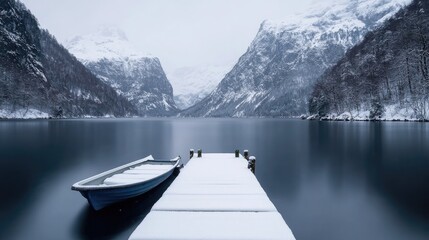 Naklejka na meble Snowy fjord lake with a small boat on a dock. Calm winter landscape. Suitable for nature or travel publications.