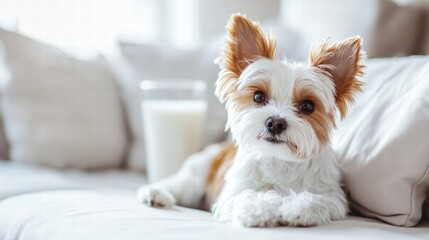 Aufkleber - Cute small dog relaxing on a couch with a glass of milk nearby in a cozy living room setting. Generative AI