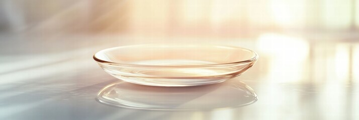 Aufkleber - Clear glass dish resting on a reflective surface with soft sunlight creating a warm atmosphere in a serene setting. Generative AI