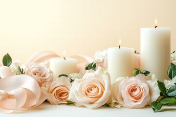 Poster - Elegant arrangement of white candles and soft pink roses on a light background for a tranquil atmosphere. Generative AI
