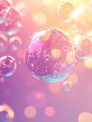 Fototapete - Bubbles floating in vibrant colors against a blurred purple background during late afternoon light. Generative AI
