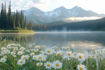 Poster - Dawn mountain lake daisies