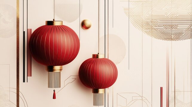 A modern Chinese New Year illustration featuring a minimalist red lantern with sleek lines, surrounded by geometric patterns and gold accents.