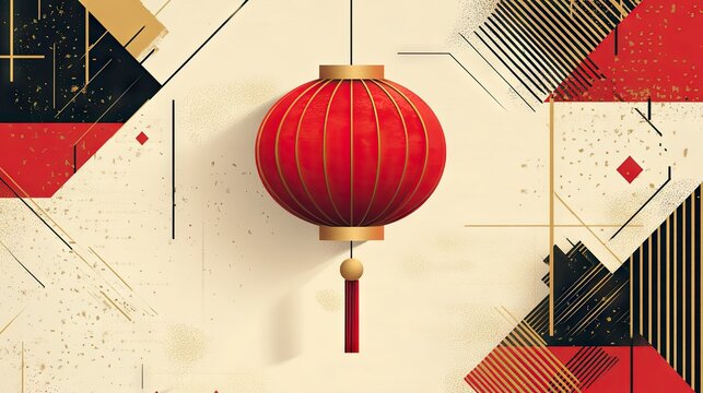 A modern Chinese New Year illustration featuring a minimalist red lantern with sleek lines, surrounded by geometric patterns and gold accents.