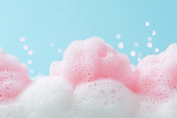 Poster - Soft pink and white bubble foam creating a whimsical texture against a light blue background. Generative AI