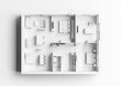 © POV Studio - Modern home floor plan, top view, white background, furniture layout