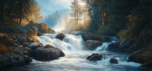 Poster - Forest river waterfall sunrise nature background