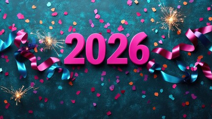 Fototapete - Vibrant new year 2026 celebration with confetti and sparklers on teal background. Happy New Year 2026