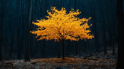 Poster - Glowing autumn tree in dark forest