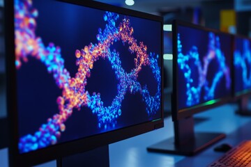 Poster - Displays of intricate AIgenerated protein structures in a modern lab, emphasizing advancements in biotechnology and computational research