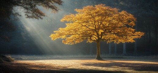 Poster - Golden autumn tree in sunlit forest. Peaceful nature scene