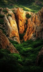 Poster - Golden Canyon sunlight, rock formations, green trees, nature landscape, travel poster