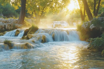 Poster - Golden sunrise illuminates cascading waterfalls in lush forest