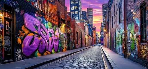 Canvas Print - Graffiti alley sunset city urban street art