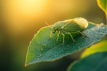 Poster - Green insect on dew-covered leaf, sunrise. Nature background, perfect for websites, prints