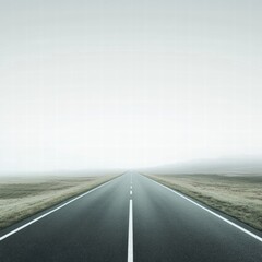Poster - Expansive road stretches through foggy landscape in early morning light near a quiet countryside. Generative AI