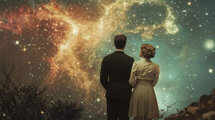 Wall Mural - couple gazing at the cosmos filled with shining celestial bodies