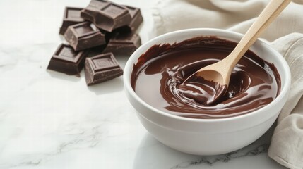 Poster - Melting dark chocolate in a bowl with pieces of chocolate on a marble countertop. Generative AI