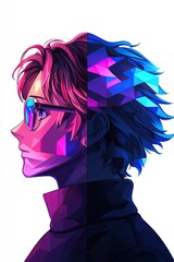 Wall Mural - Profile portrait of a stylized man with geometric, vibrant pink and blue hair, wearing sunglasses.