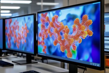Poster - Explore the most recent and exciting breakthroughs in the field of biotechnology, which showcase AIgenerated protein structures exhibited prominently on cuttingedge laboratory screens