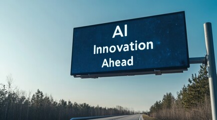 Poster - A digital sign shows AI Innovation Ahead, highlighting exciting advancements in artificial intelligence. Its vibrant display contrasts with a clear blue sky, symbolizing clarity in technology