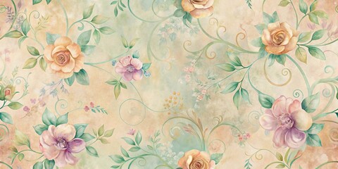  Elegant Floral Design Featuring Pastel Roses and Delicate Vines on a Soft Beige Background