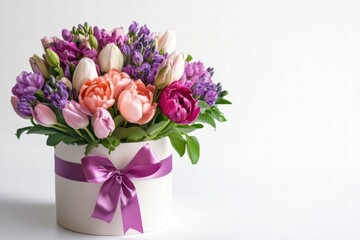 Poster - Beautiful floral arrangement featuring mixed flowers in a decorative box with ribbon. Generative AI