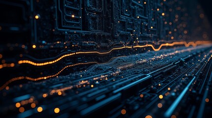 Poster - A computer chip is shown with a bright orange line