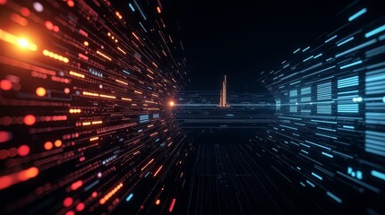 Poster - A computer generated image of a tunnel with a red and blue line