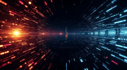 Poster - A computer generated image of a tunnel with a red and blue light